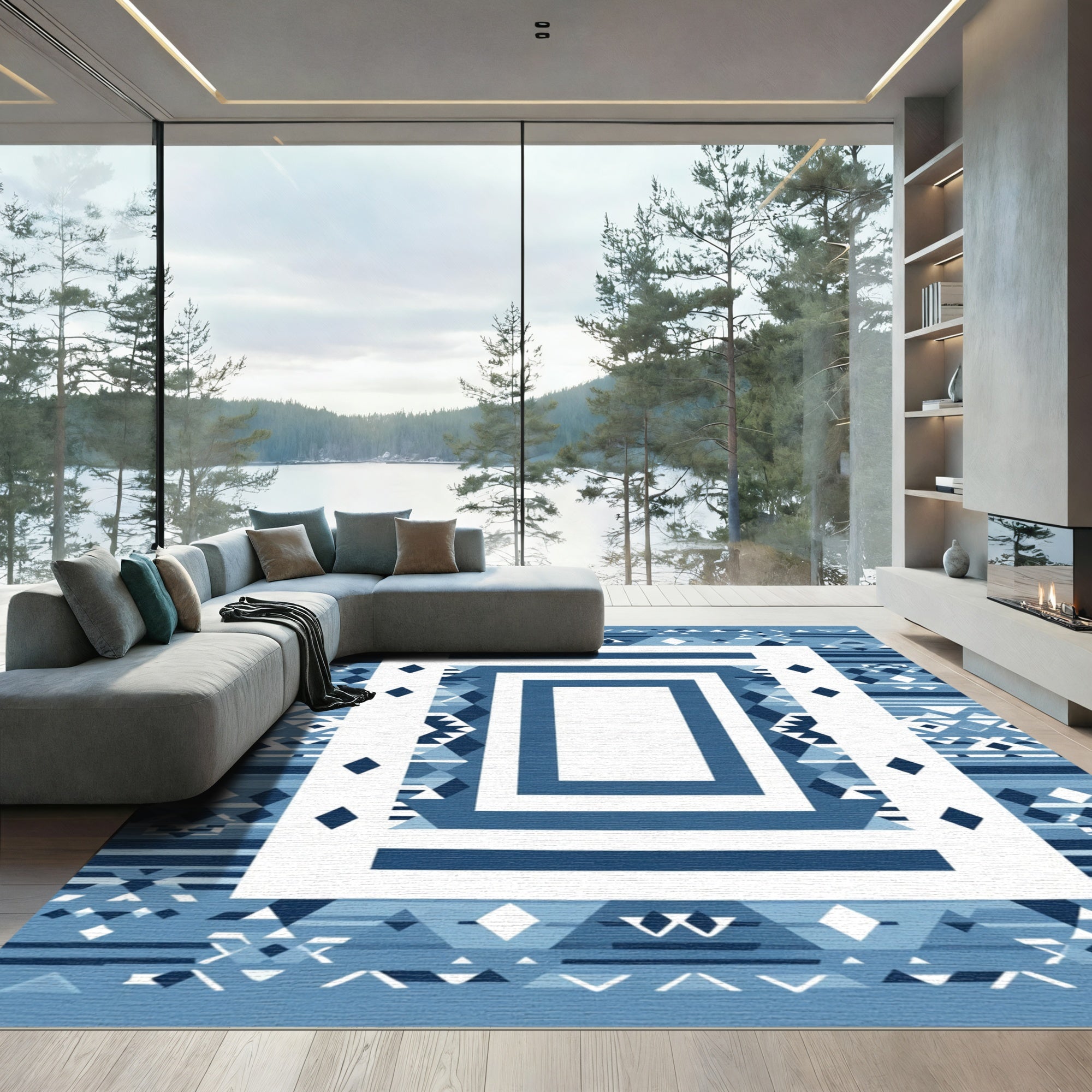 Geometric Blue and White Layered Rug