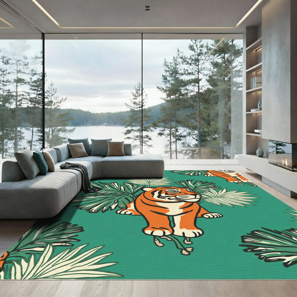 Whimsical Orange Tiger Jungle Foliage Rug