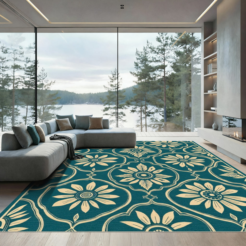 Teal Cream Floral Medallion Frame Rug