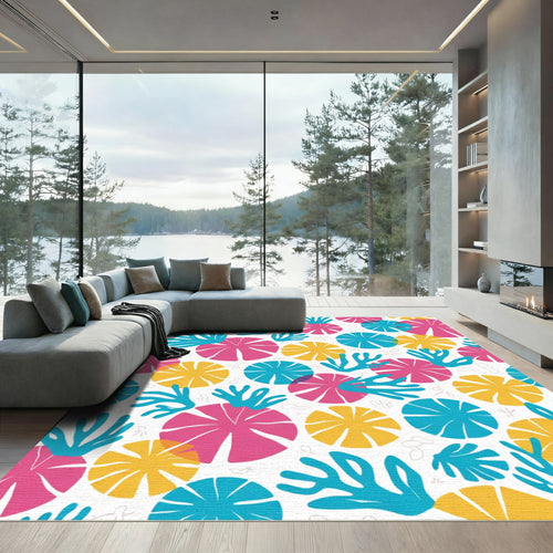 Bright Pink Yellow Teal Floral Burst Rug