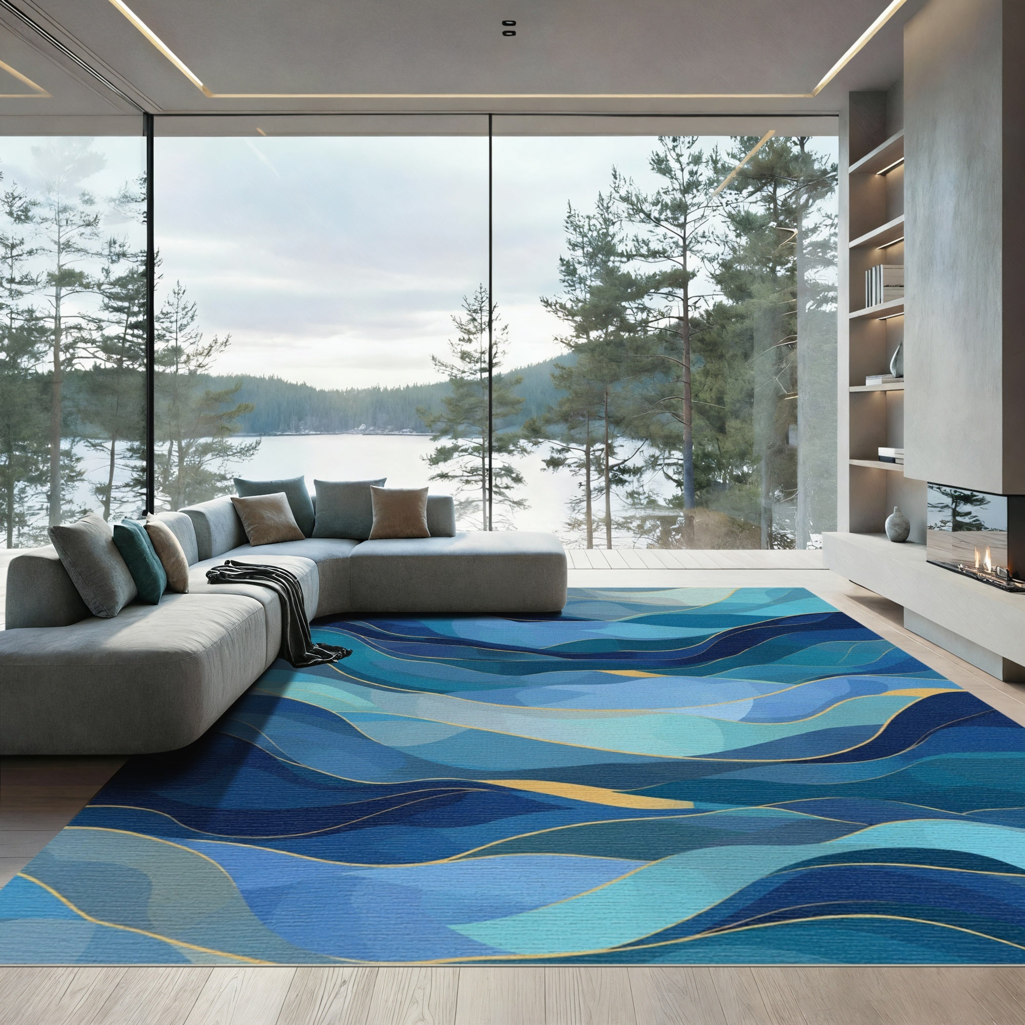 Deep Blue Wave Abstract Gold Lines Rug