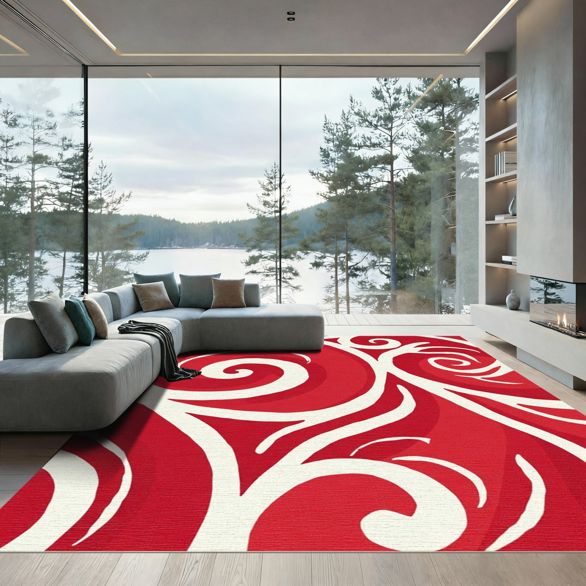 Bold Red Swirl Abstract Rug