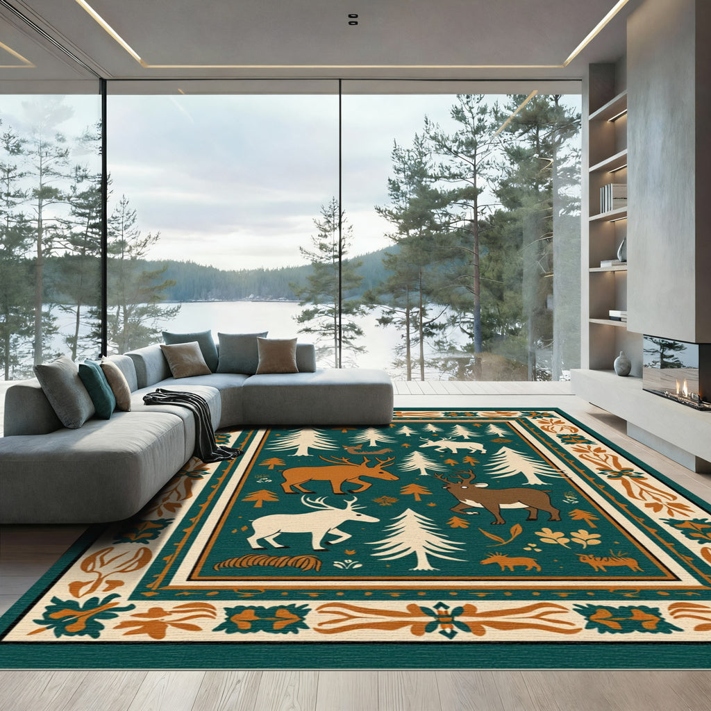 Woodland Forest Deer Trees Border Rug