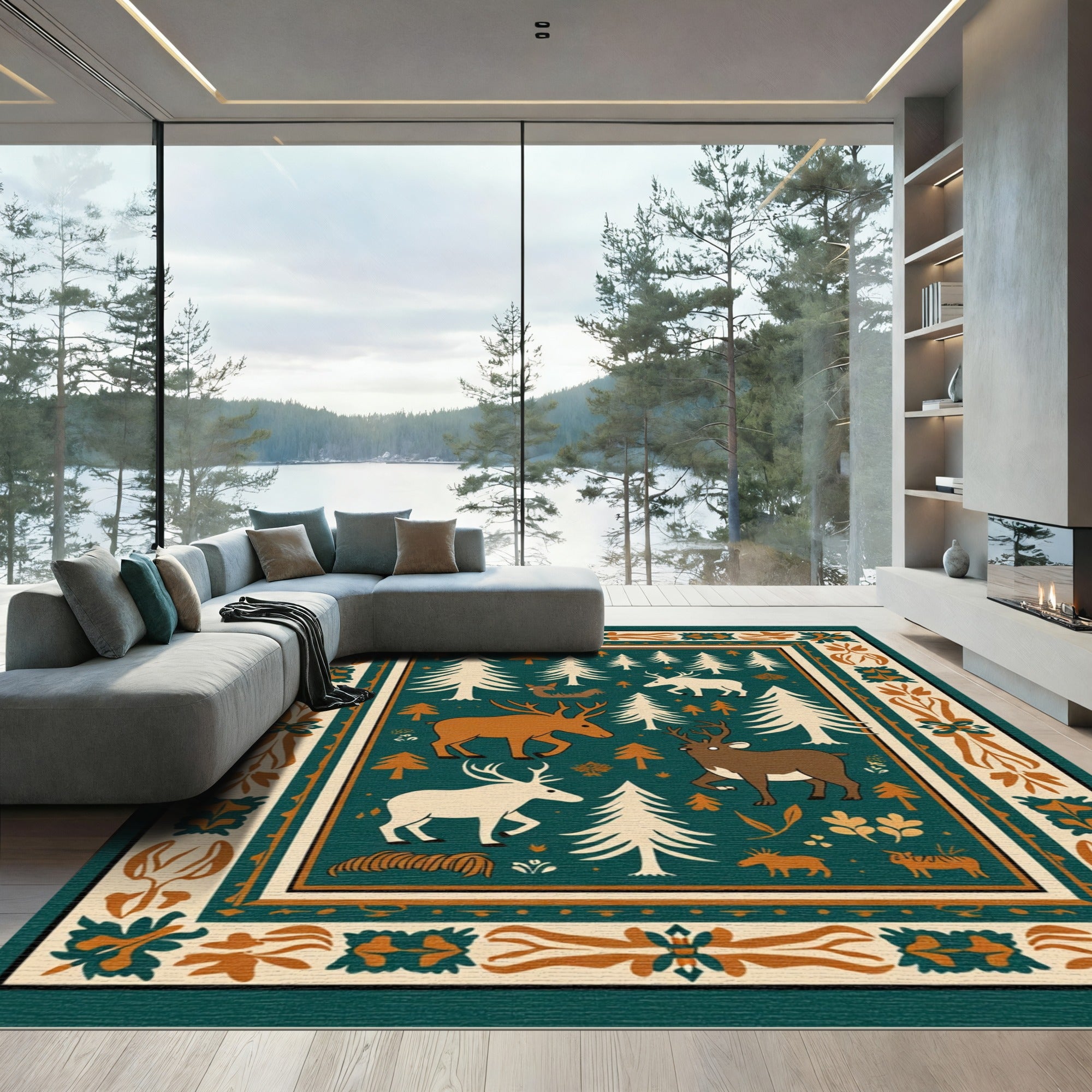 Woodland Forest Deer Trees Border Rug