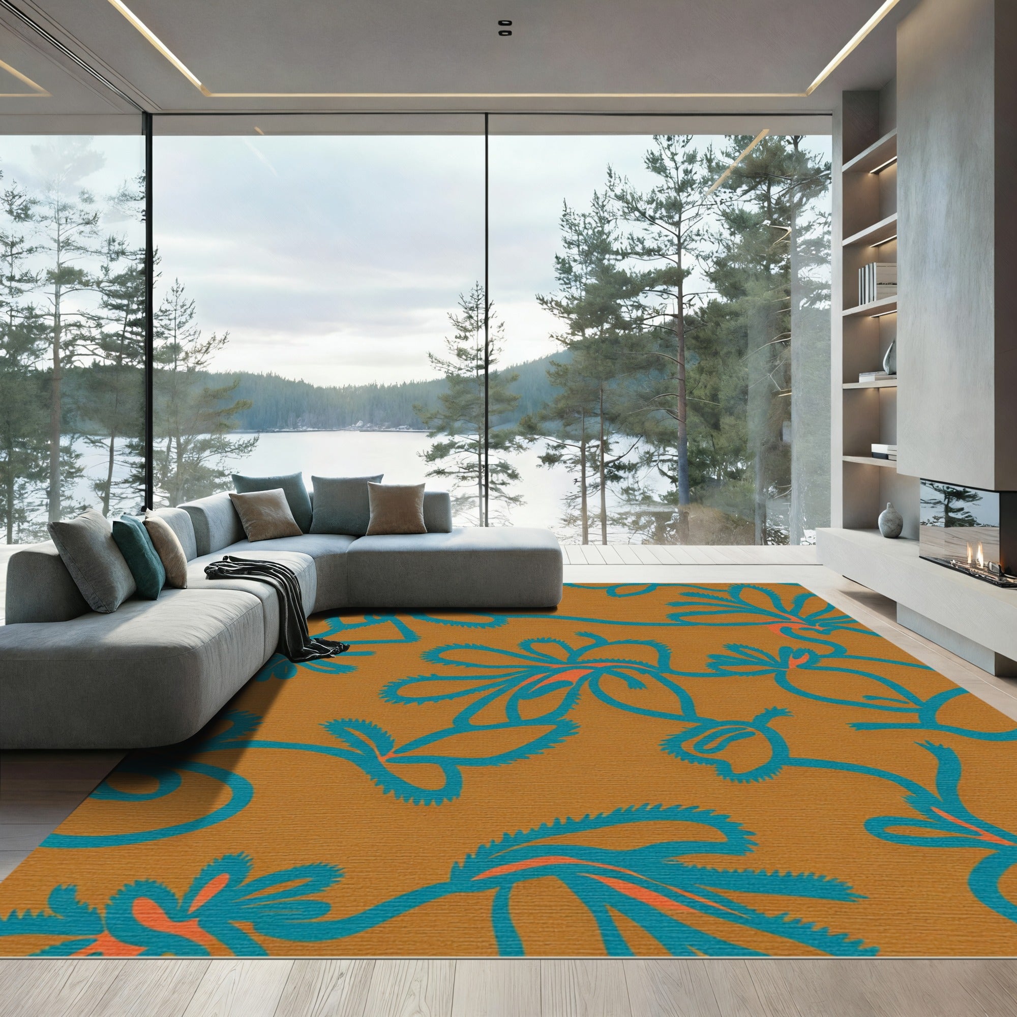 Teal Blue Floral Vines on Amber Rug