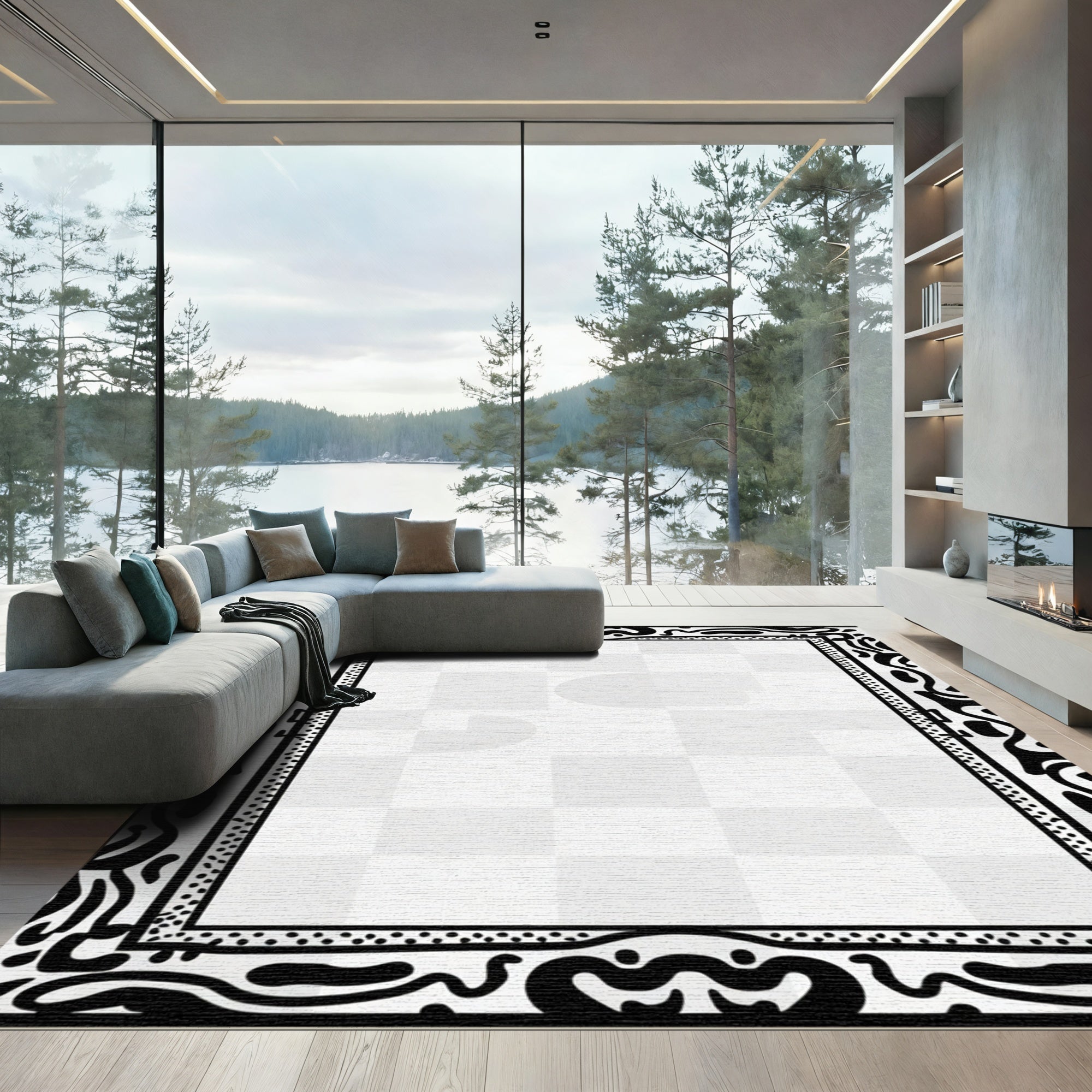 Abstract Black White Organic Border Rug