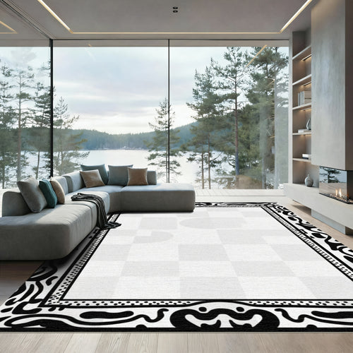 Abstract Black White Organic Border Rug