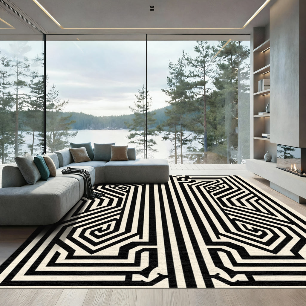 Black and Cream Abstract Geometric Maze Rug