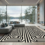 Black and Cream Abstract Geometric Maze Rug