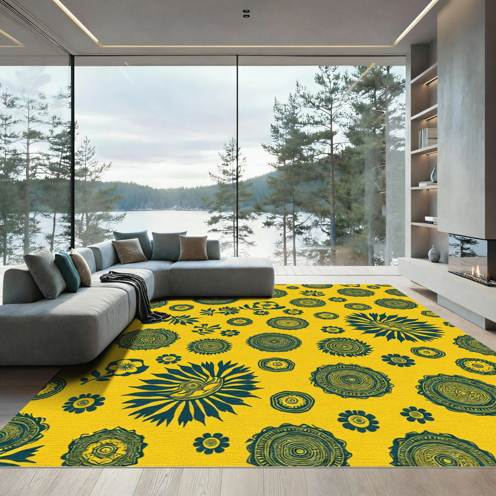 Golden Yellow Teal Floral Medallions Rug