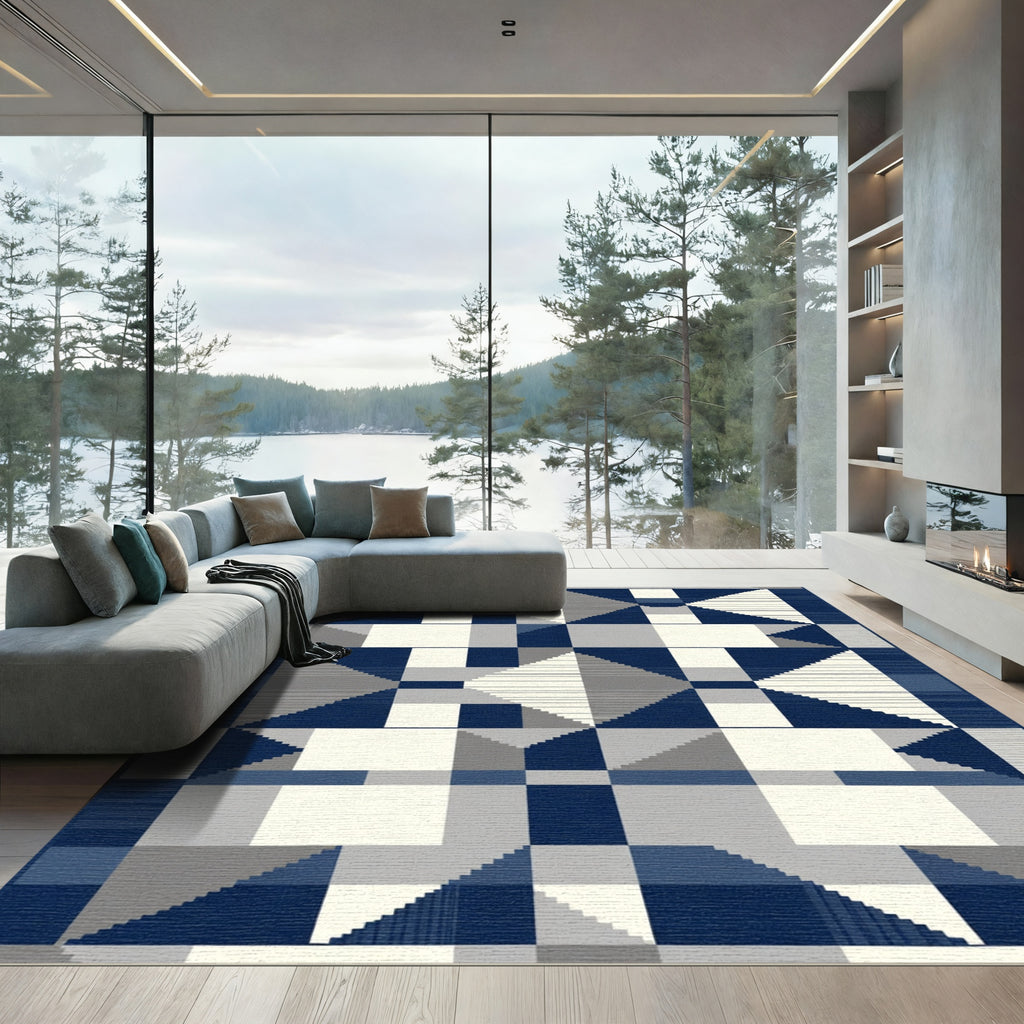 Deep Blue Geometric Blocks Rug