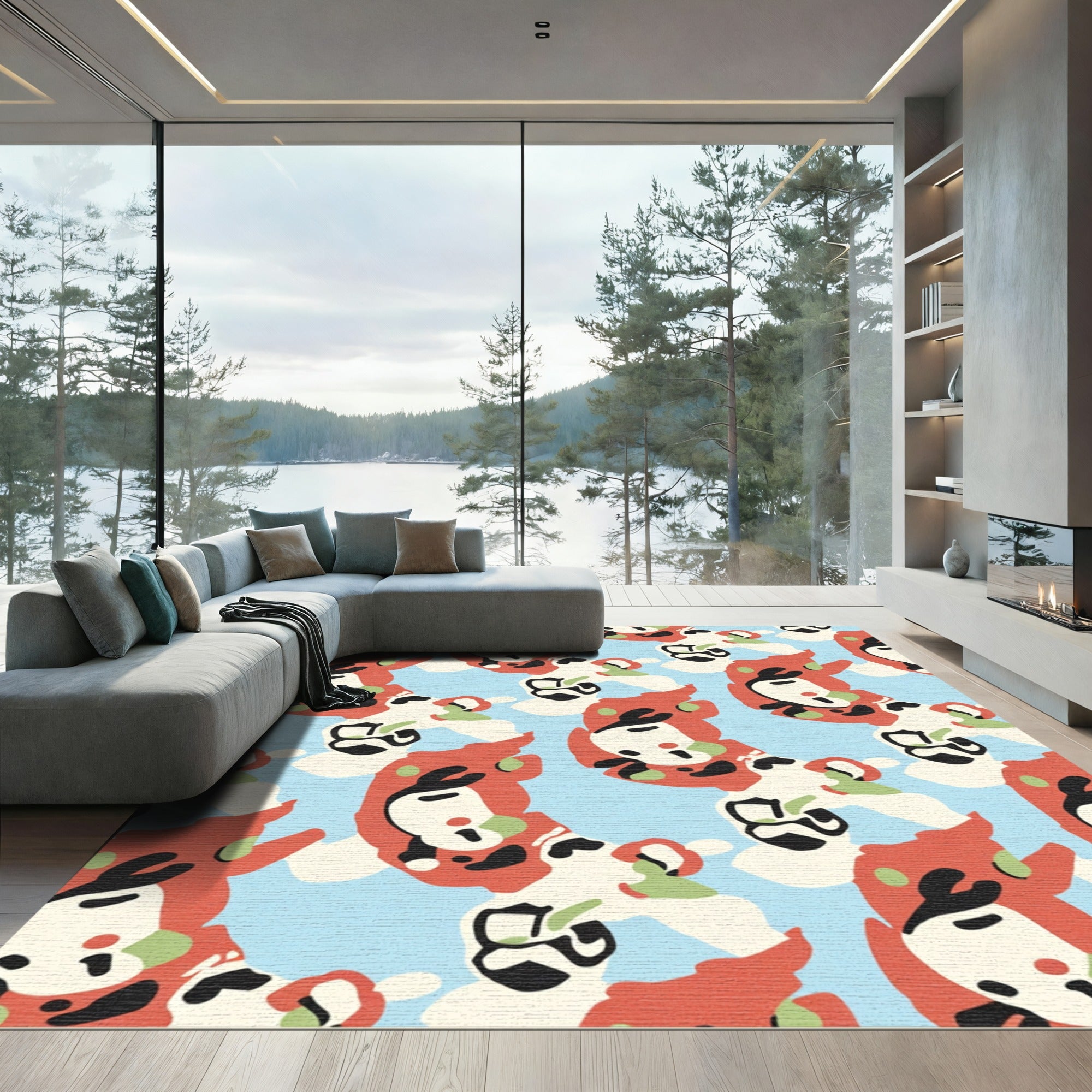 Abstract Red Faces With Blue Background Rug