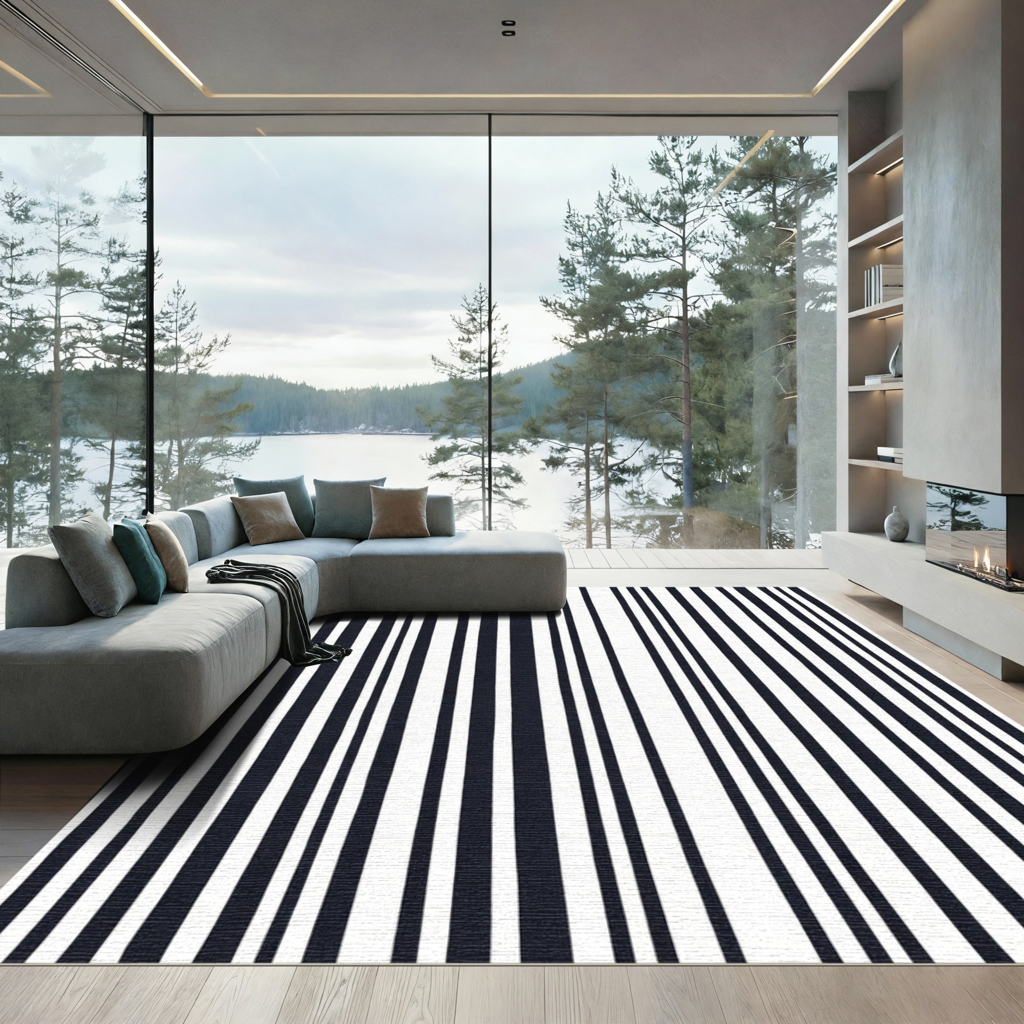 Modern Black White Vertical Stripes Rug