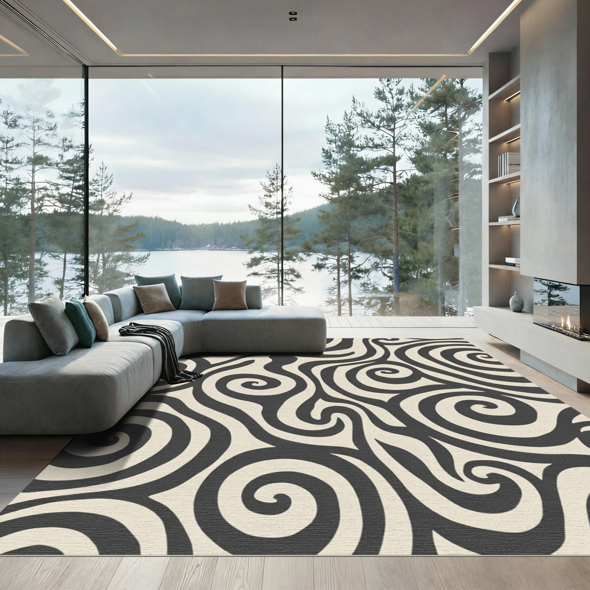 Dark Neutral Swirl Wave Composition Rug