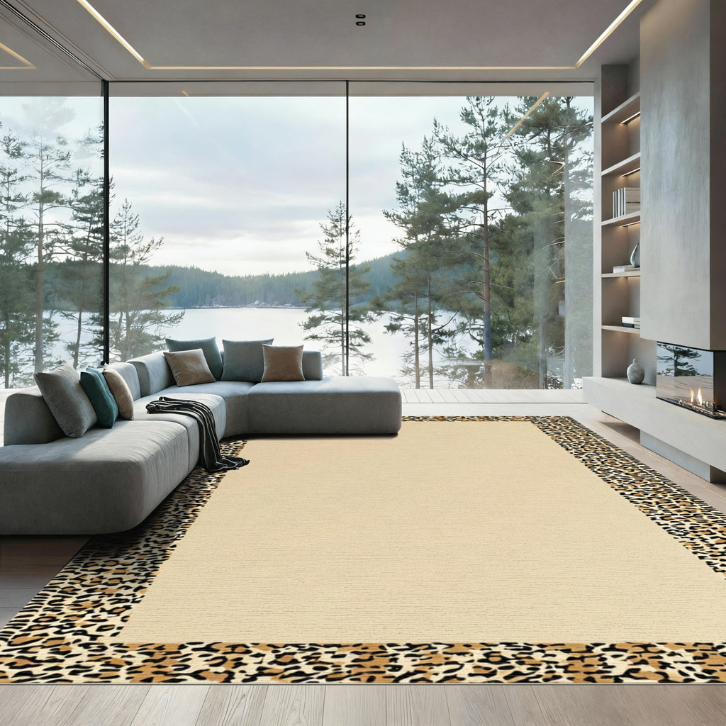 Bold Animal Print Border Tan Rug