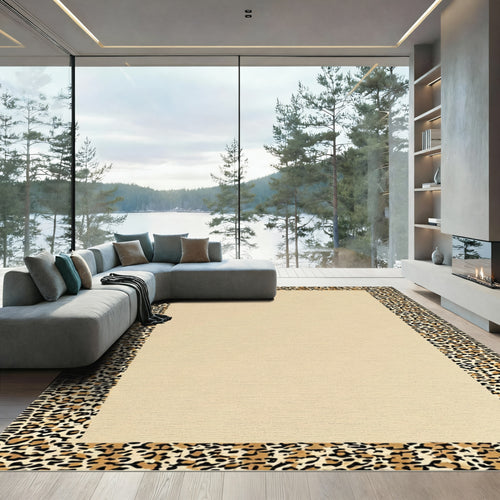 Bold Animal Print Border Tan Rug
