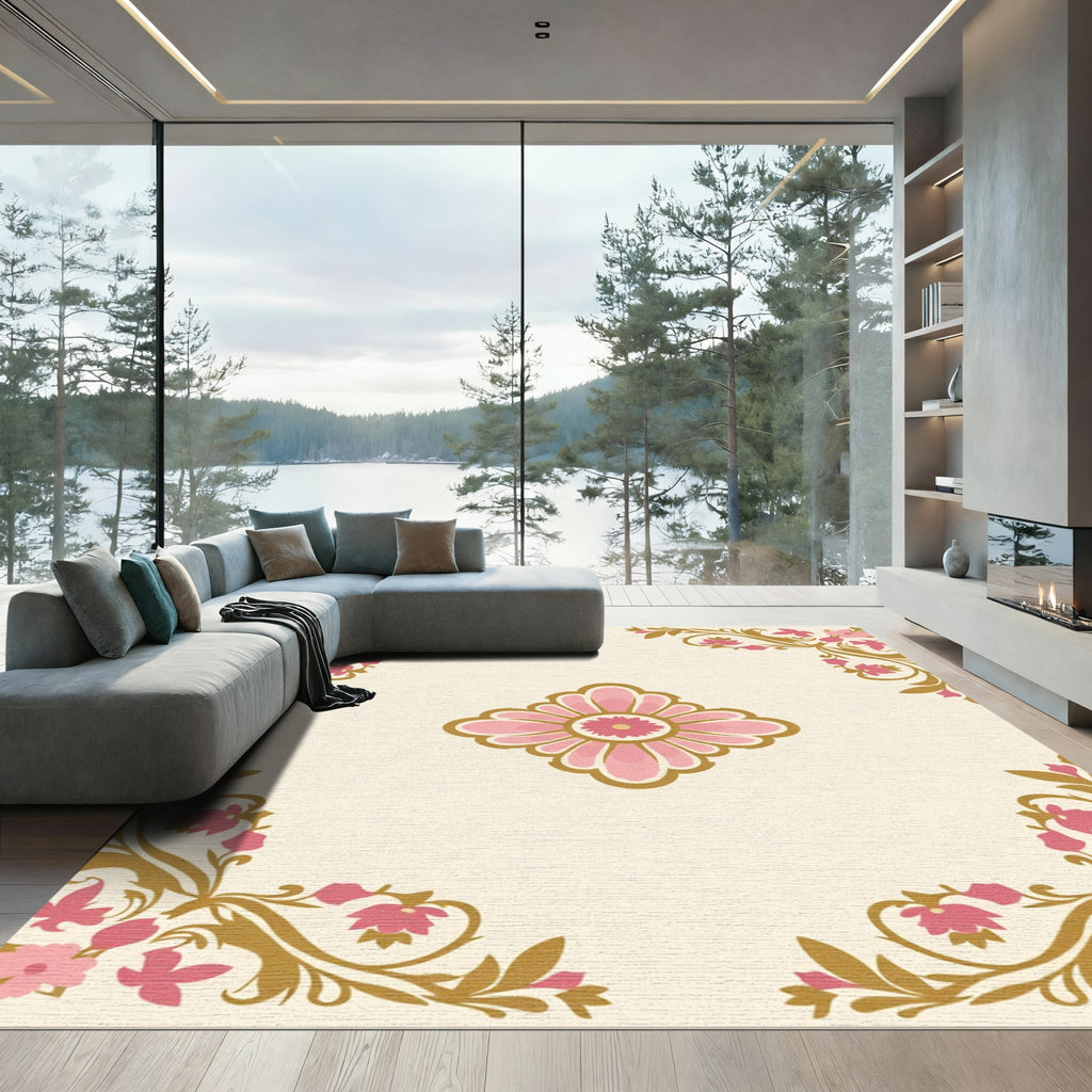Pink Center Bloom Corner Accents Rug