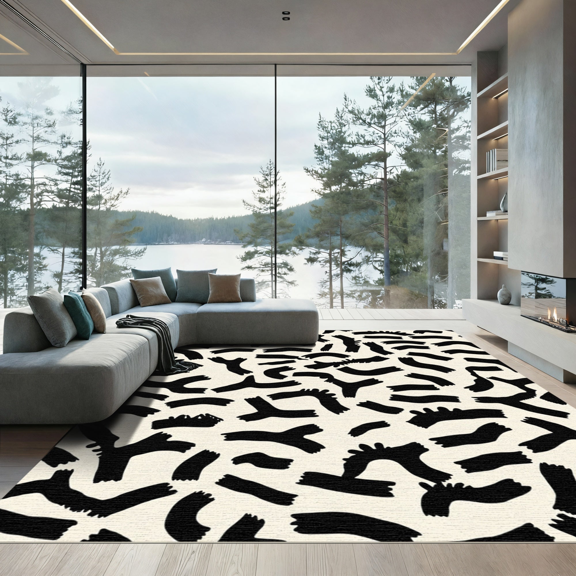 Black Abstract Organic Brushstroke Rug