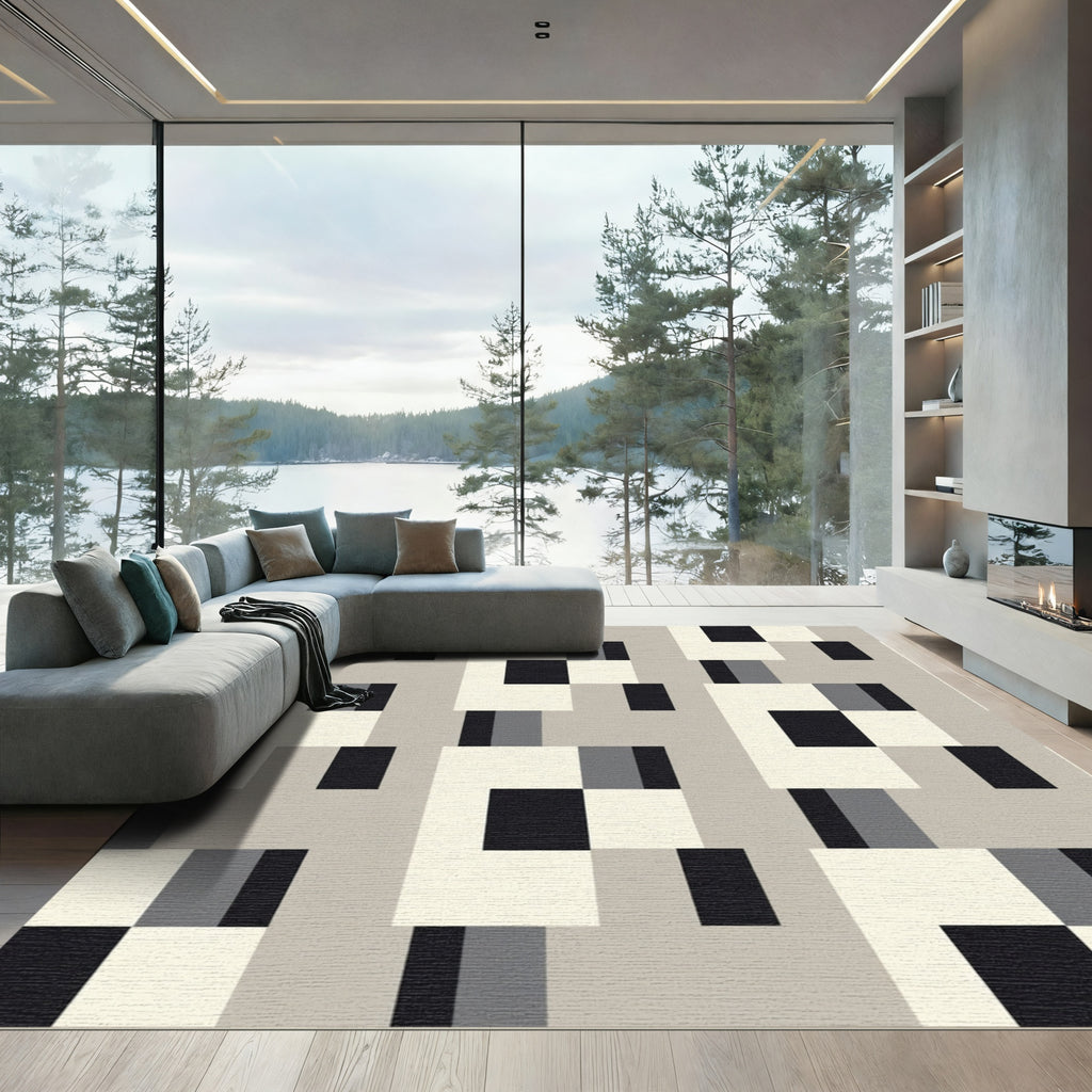 Gray Cream Black Geometric Grid Rug