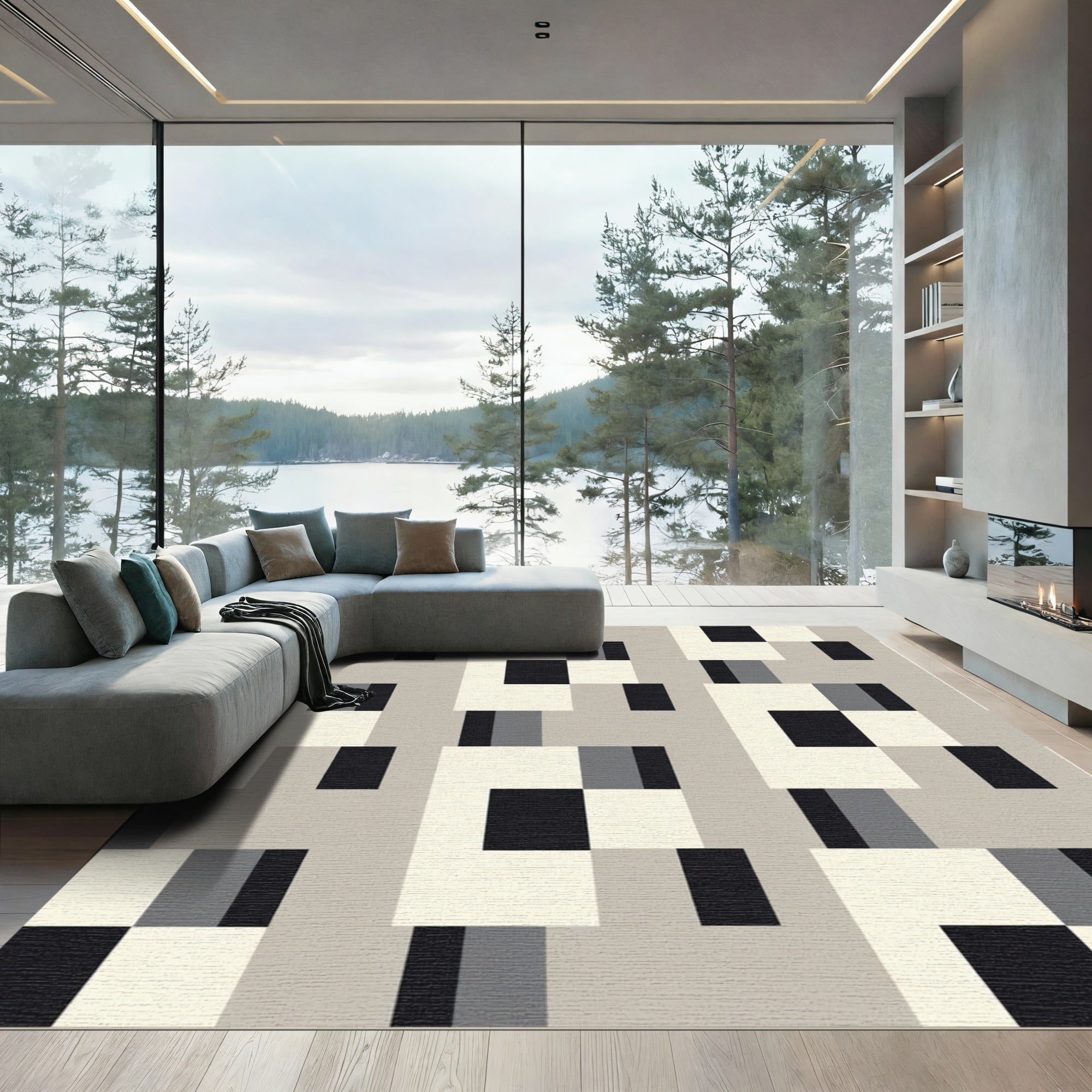 Gray Cream Black Geometric Grid Rug