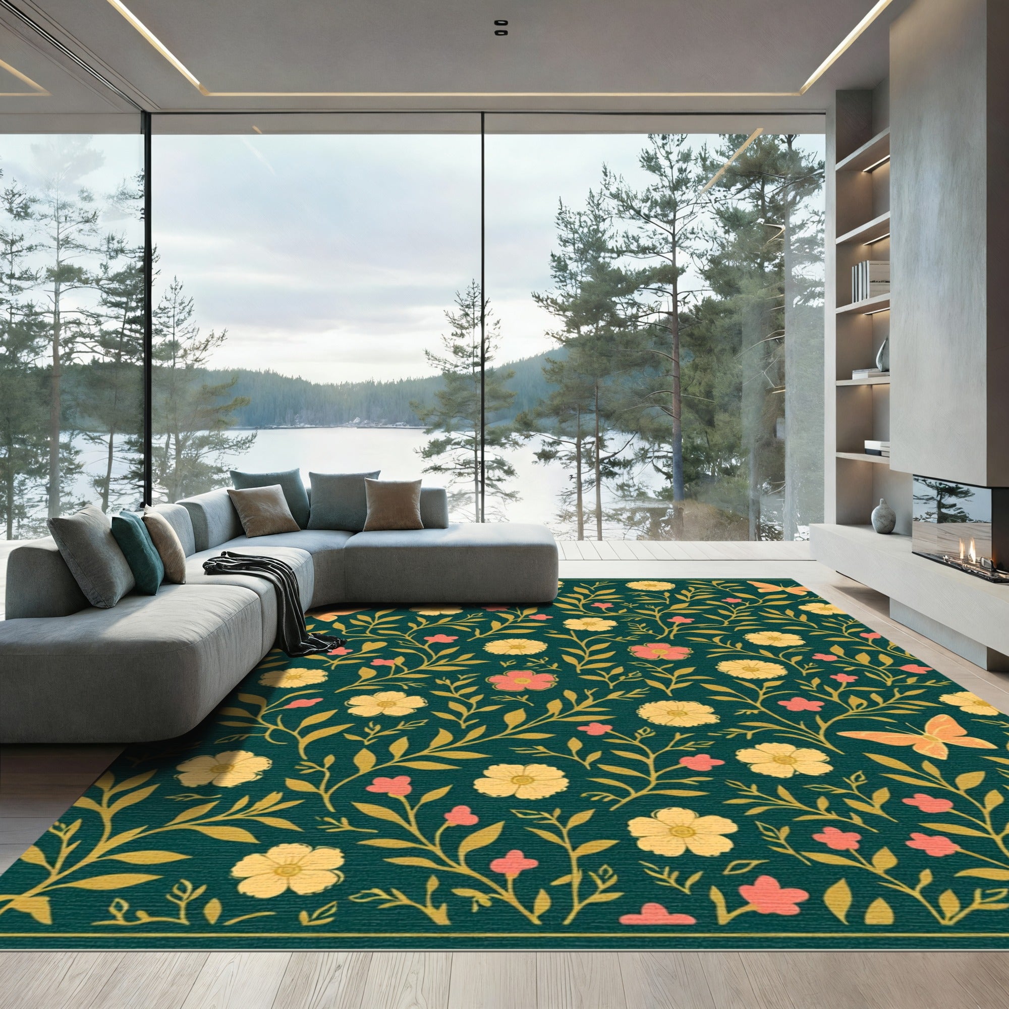 Teal Floral Butterfly Whimsical Garden Rug