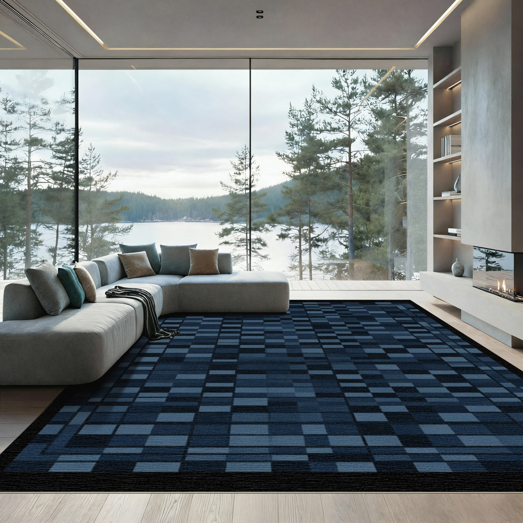 Dark Blue Rectangular Mosaic Rug