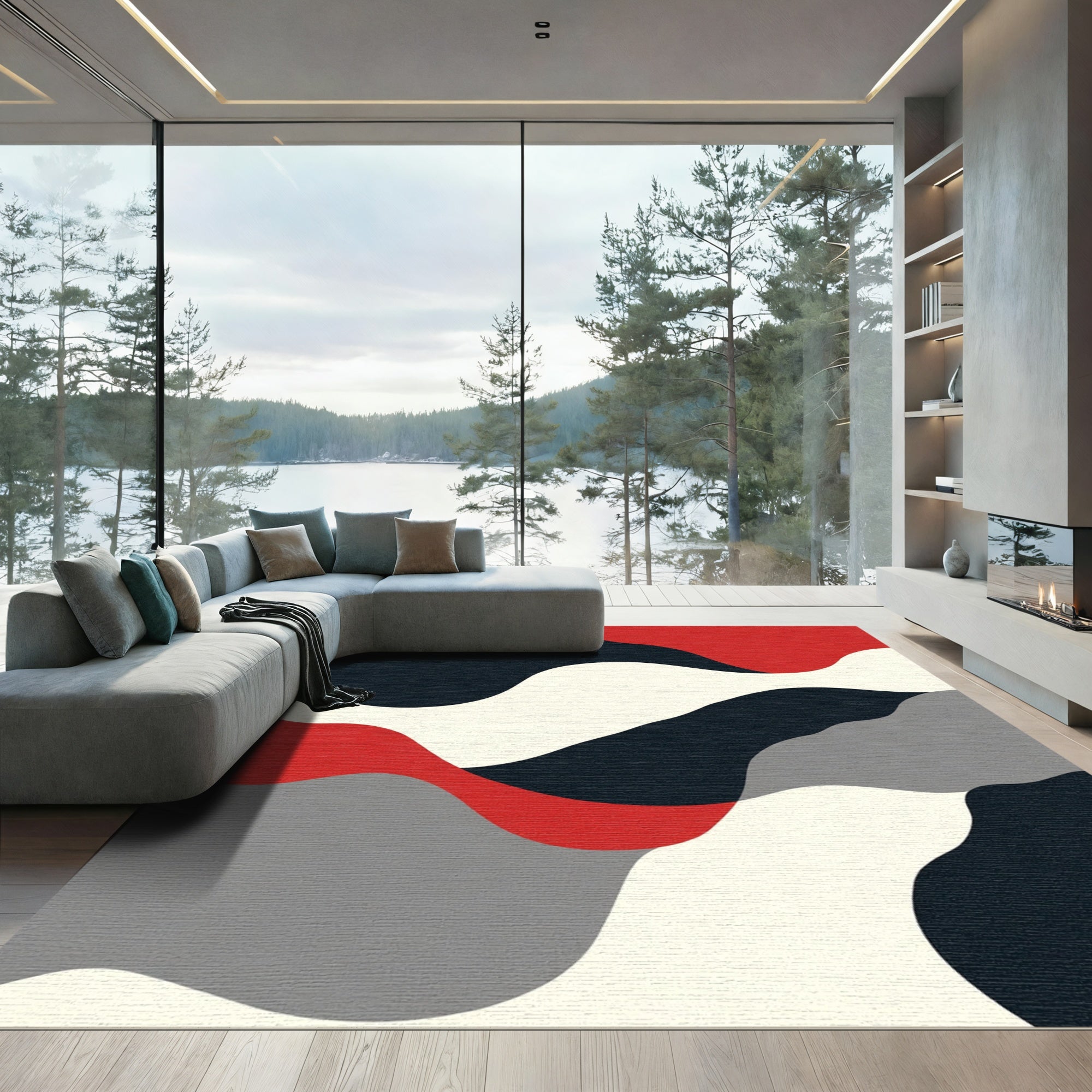 Modern Crimson Gray Abstract Waves Rug
