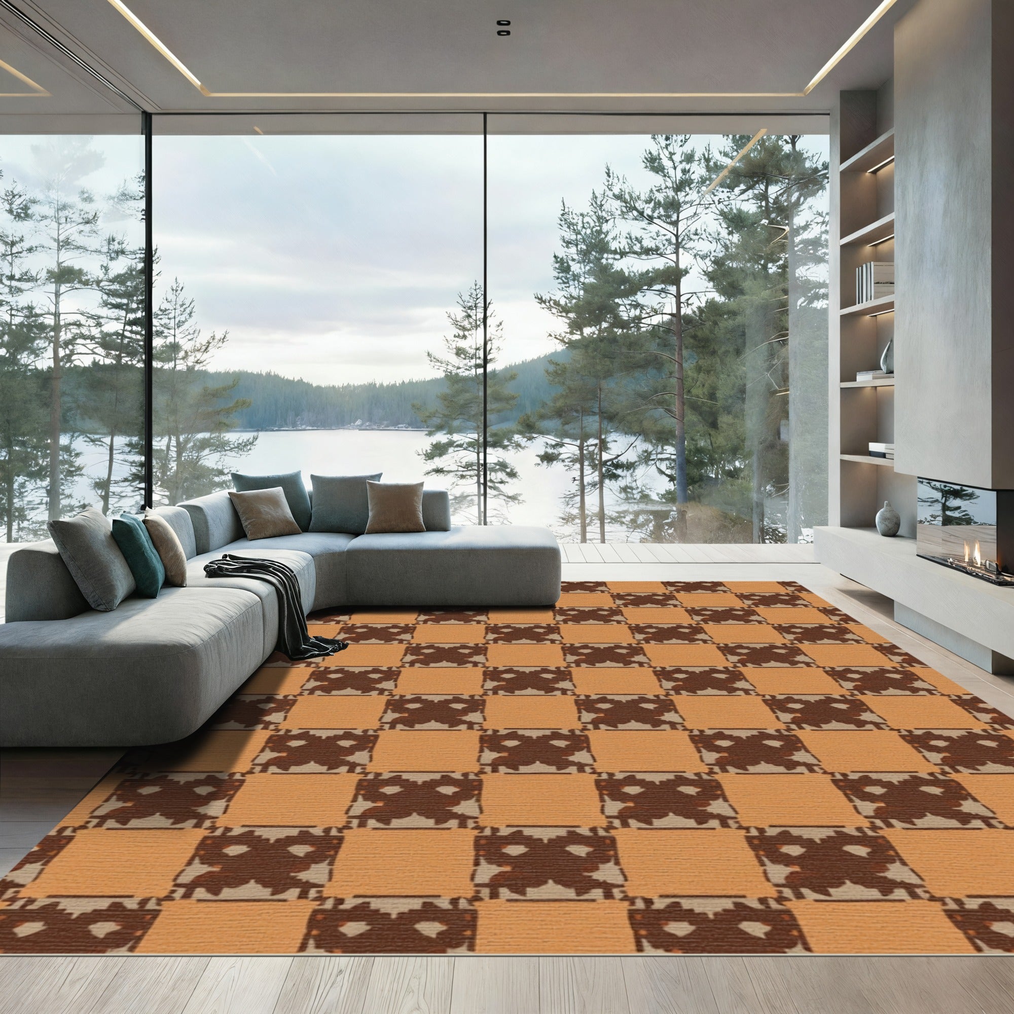 Brown Tan Checkerboard Abstract Shape Rug