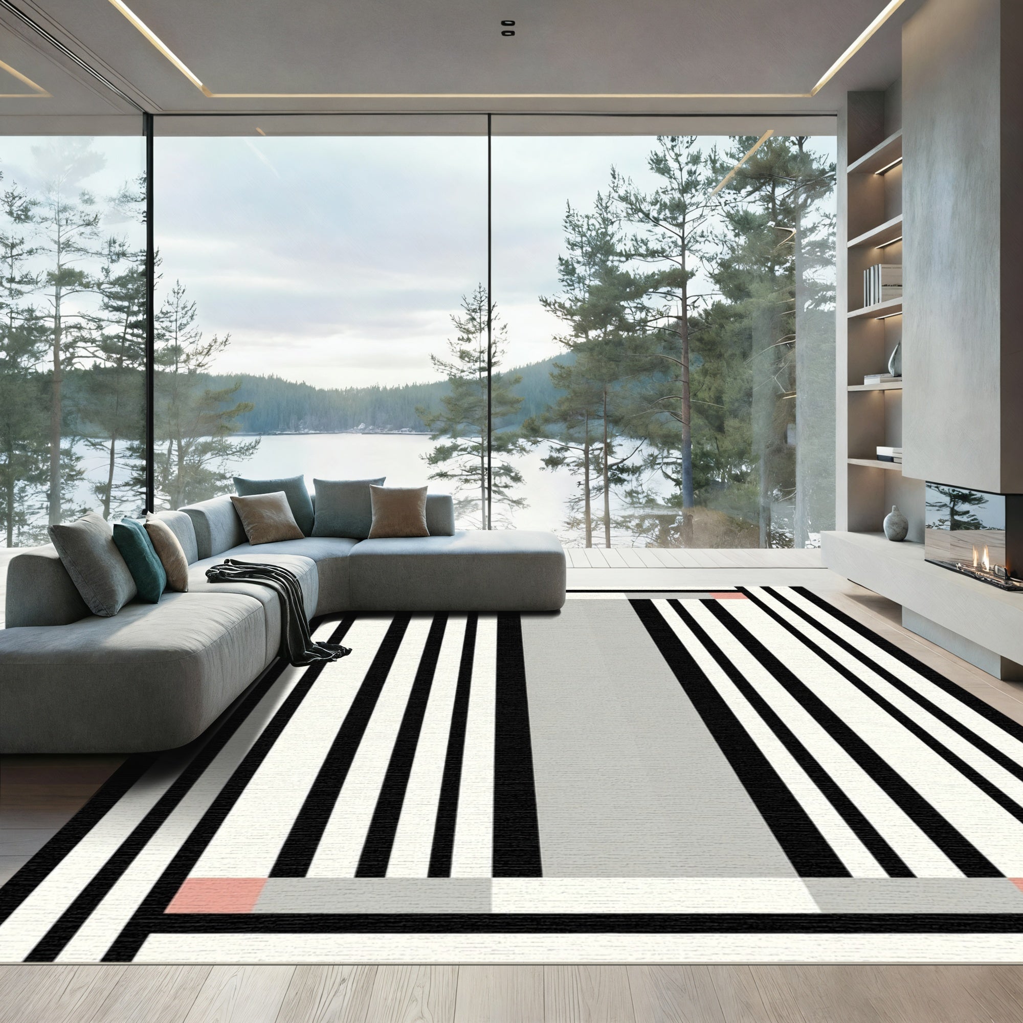 Minimalist Black White Gray Stripes Rug