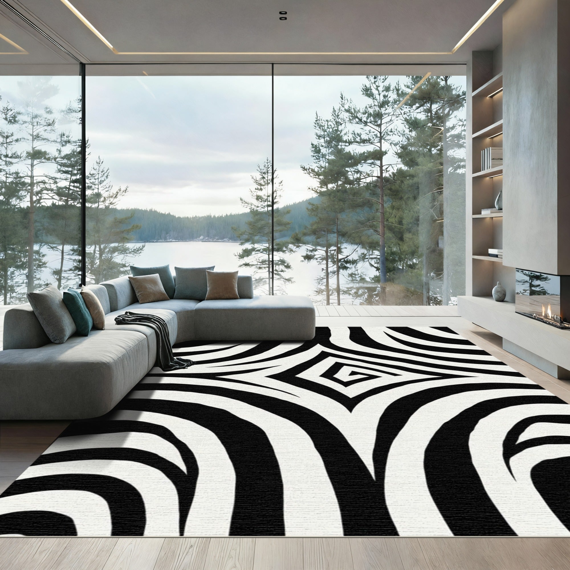 Black White Swirling Diamond Stripe Rug