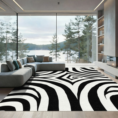 Black White Swirling Diamond Stripe Rug