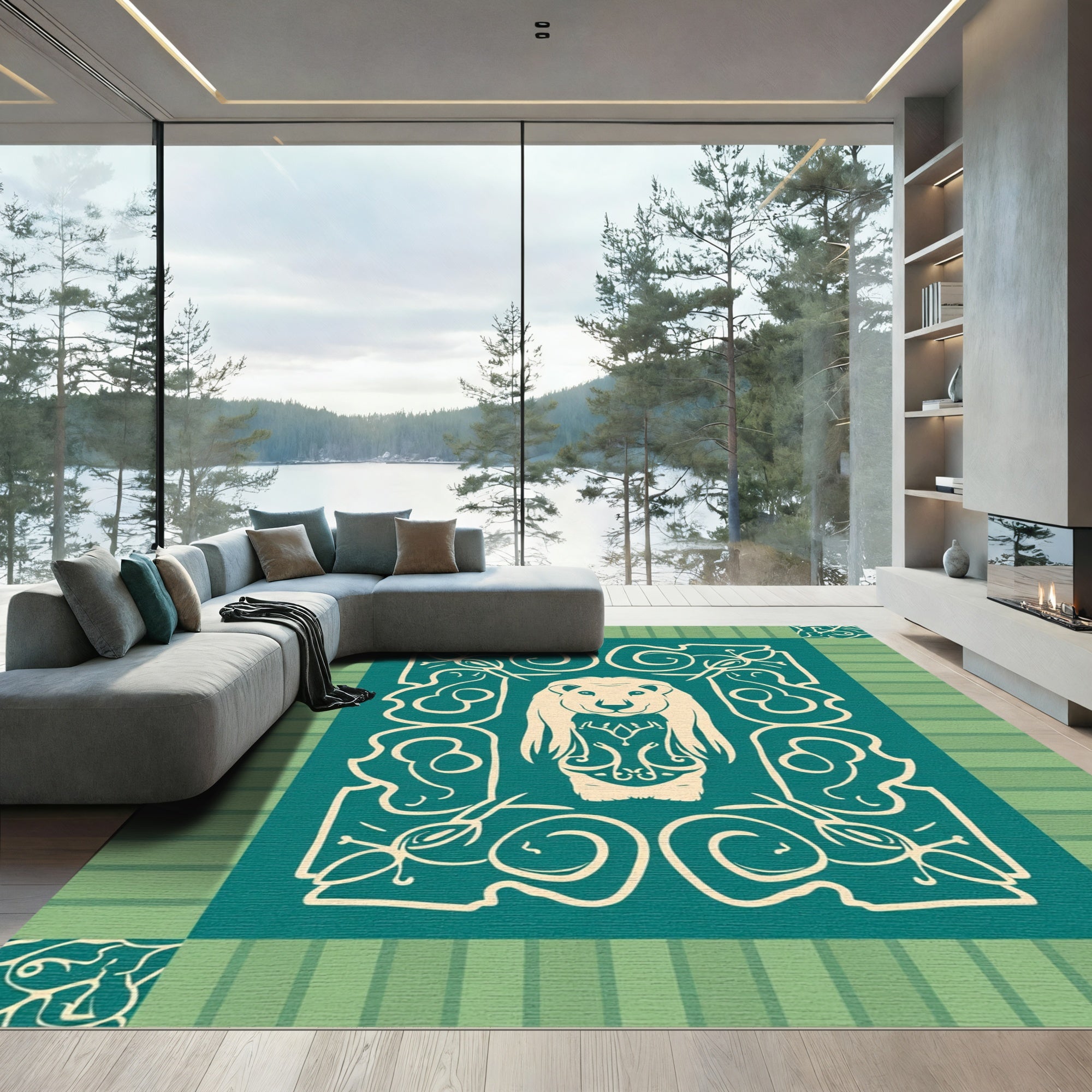 Teal Cream Leo Crested Arabesque Rug