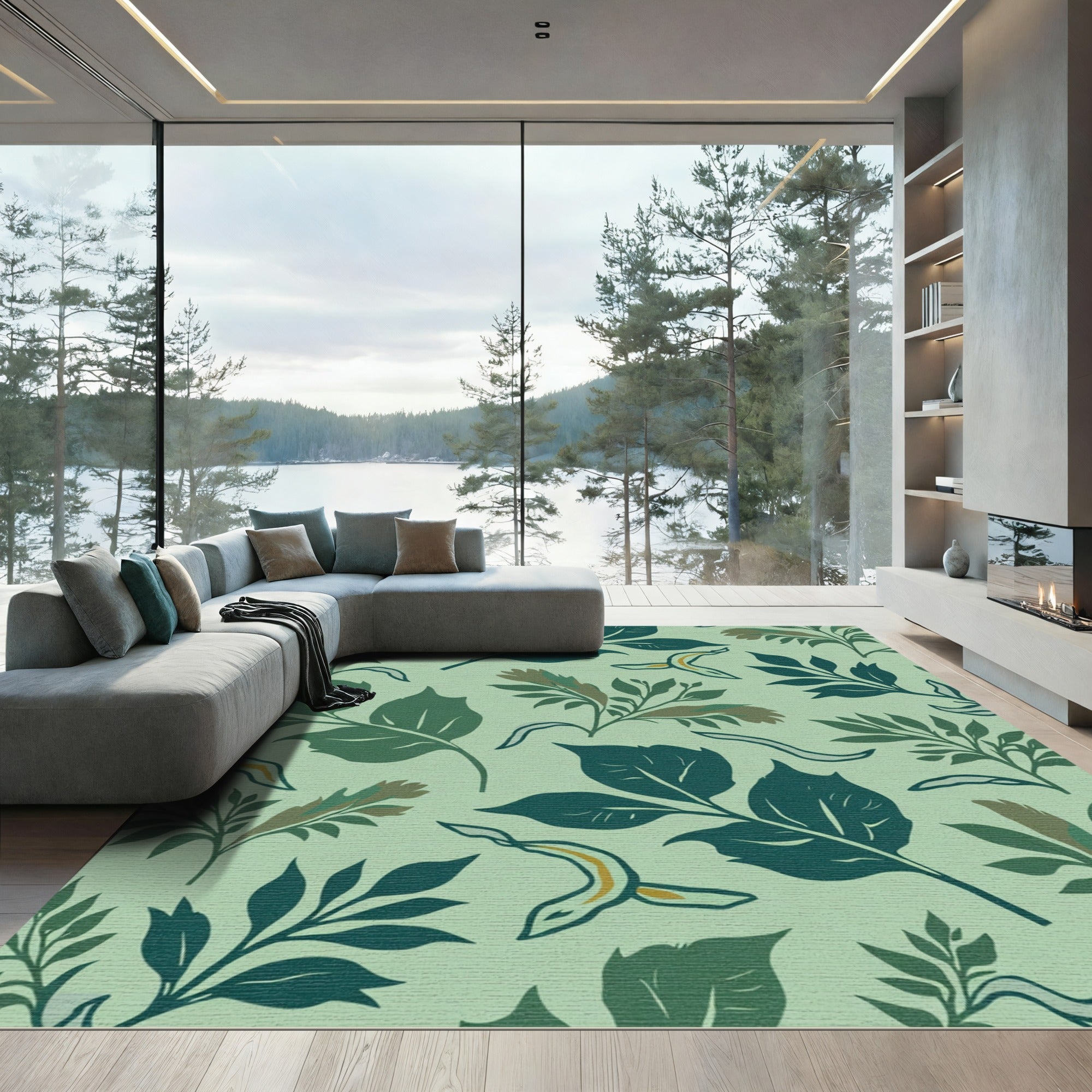 Deep Green Leafy Foliage Sprigs Rug