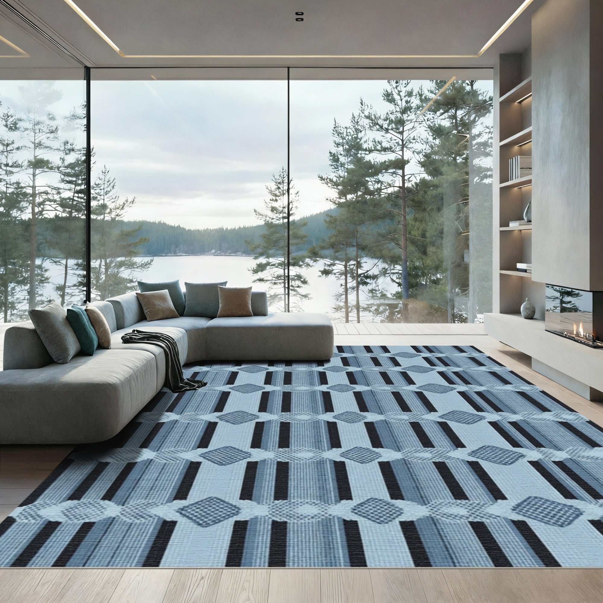 Dark Blue Striped Diamond Fabric Rug
