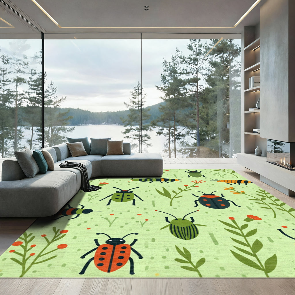 Whimsical Orange Green Bug Garden Rug