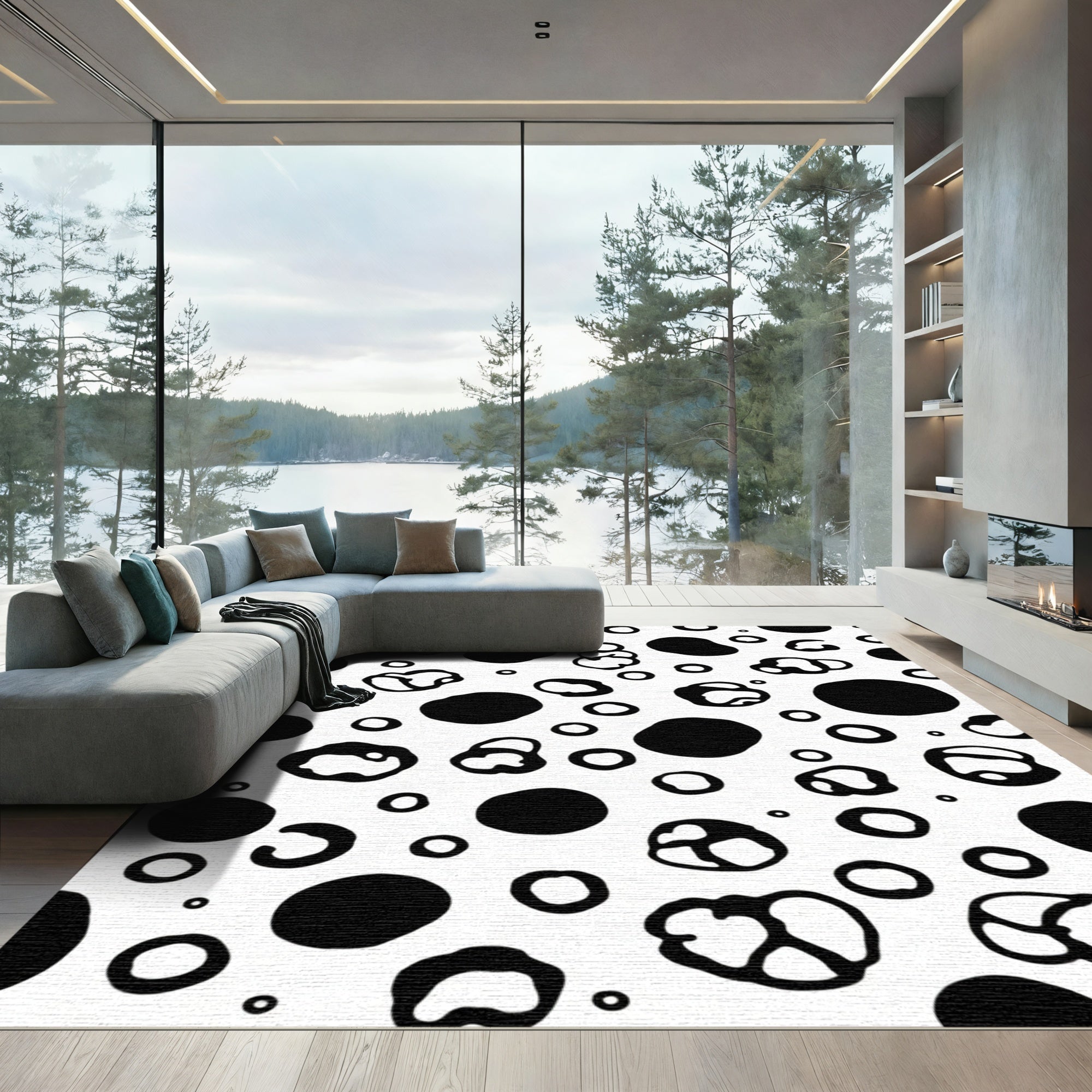 Black White Abstract Organic Shapes Rug
