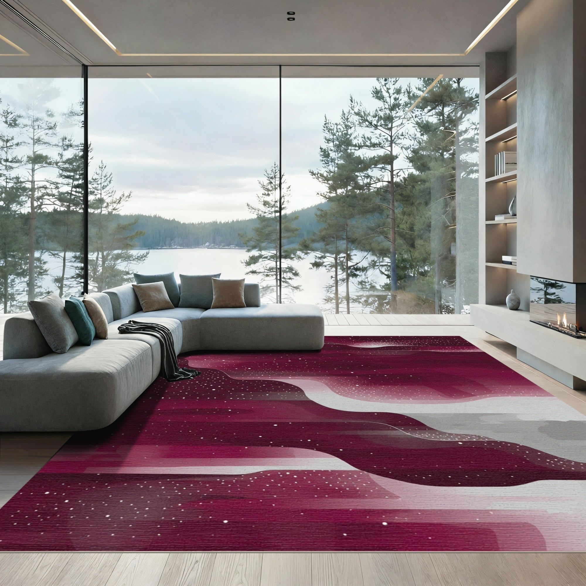 Crimson White Stardust Nebula Abstract Rug