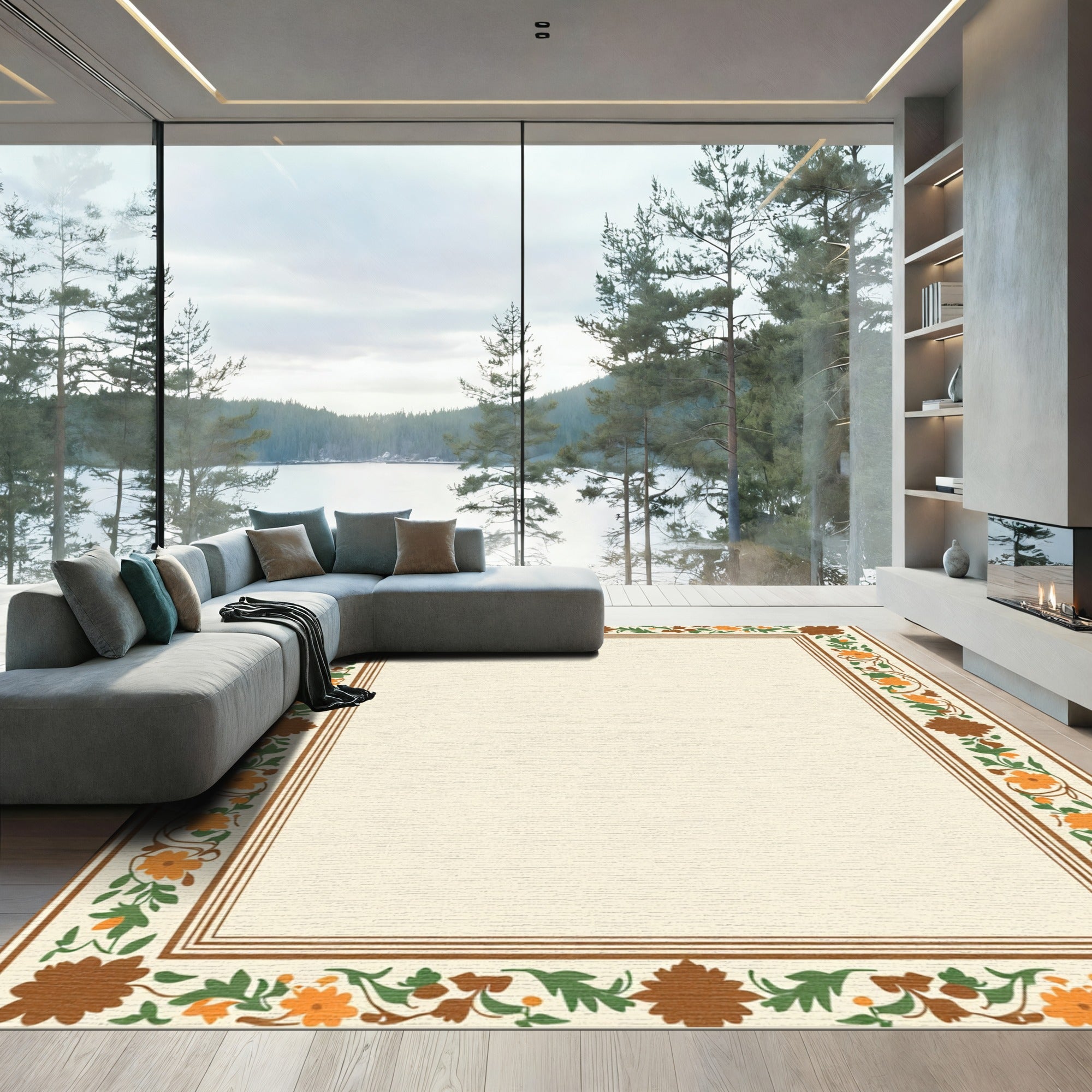 Earthy Autumn Floral Vine Border Rug