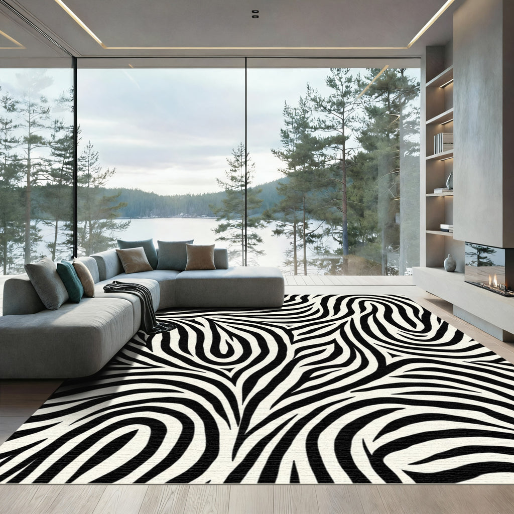 Striking Black Ivory Animal Waves Rug