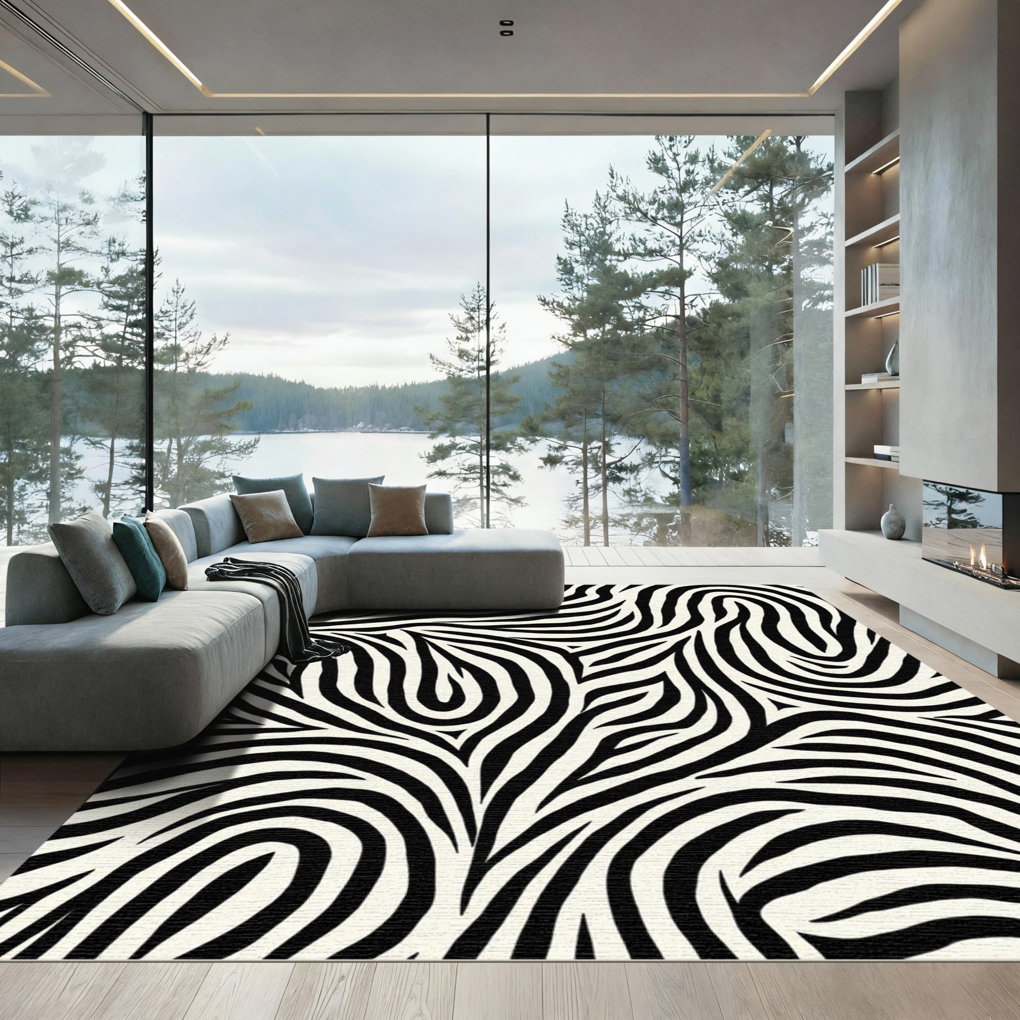 Striking Black Ivory Animal Waves Rug