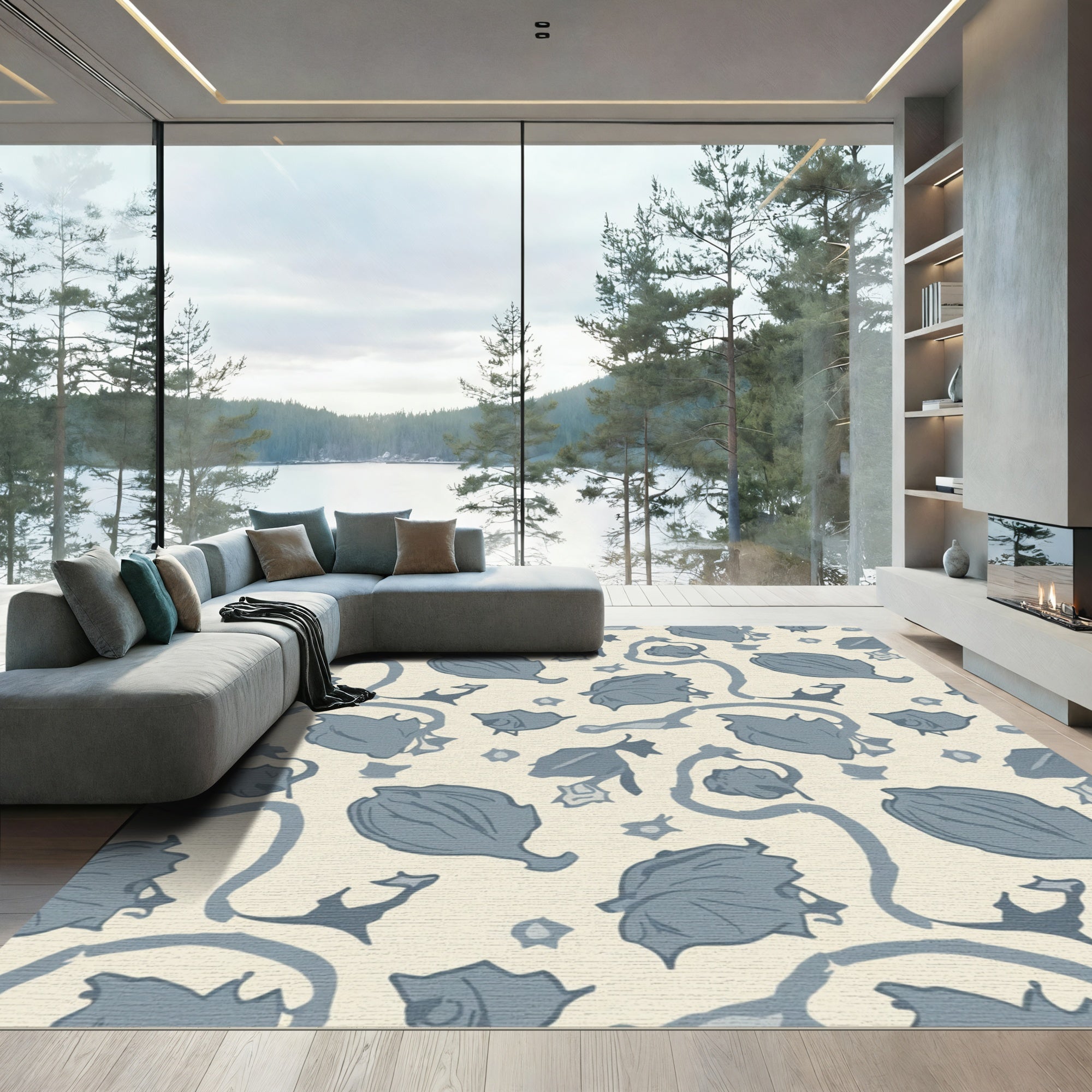 Rustic Blue Floral Vine Swirls Rug