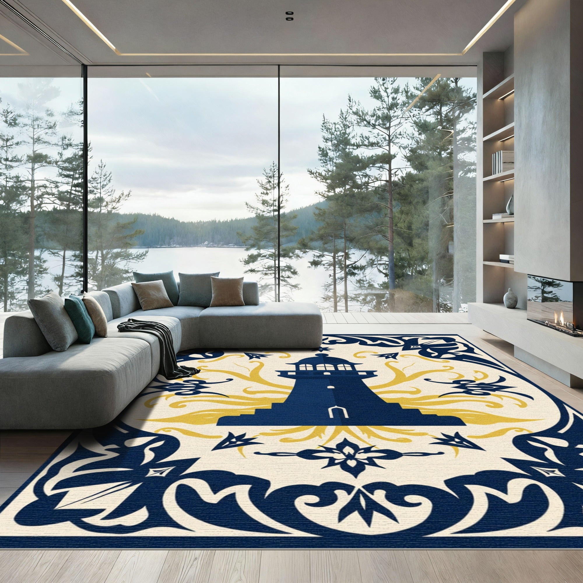 Naval Blue Yellow Lighthouse Motif Rug