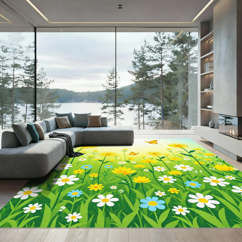 Golden Sunlit Meadow Butterfly Field Rug