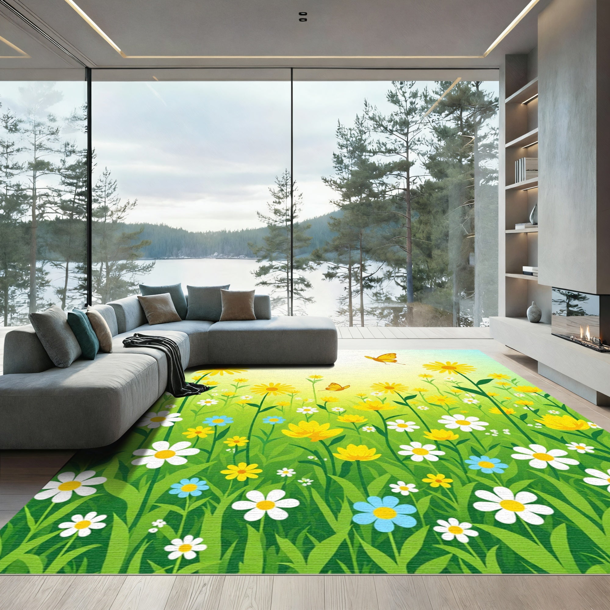 Golden Sunlit Meadow Butterfly Field Rug