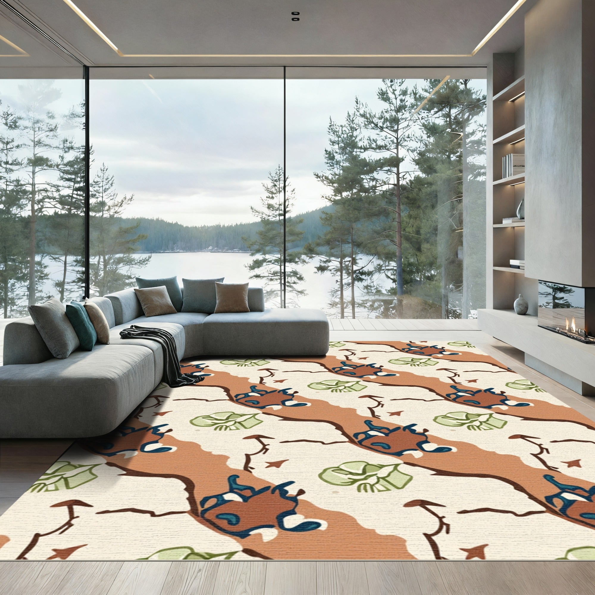 Terracotta Green Leaf Abstract Swirl Rug