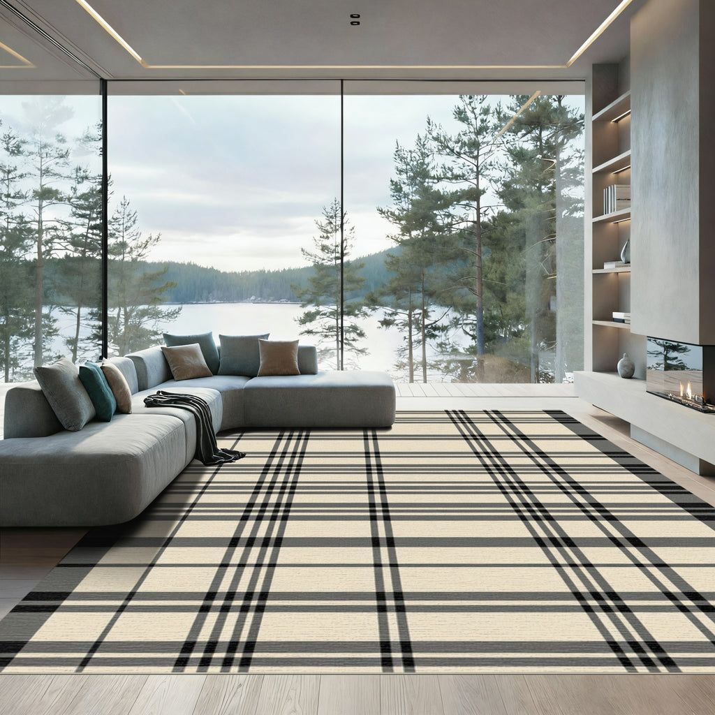 Cream Black Striped Plaid Rug