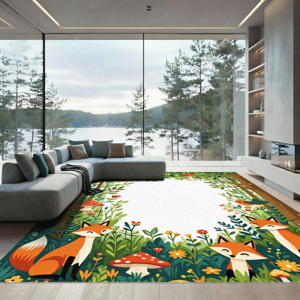 Whimsical Woodland Foxes Mushroom Border Rug