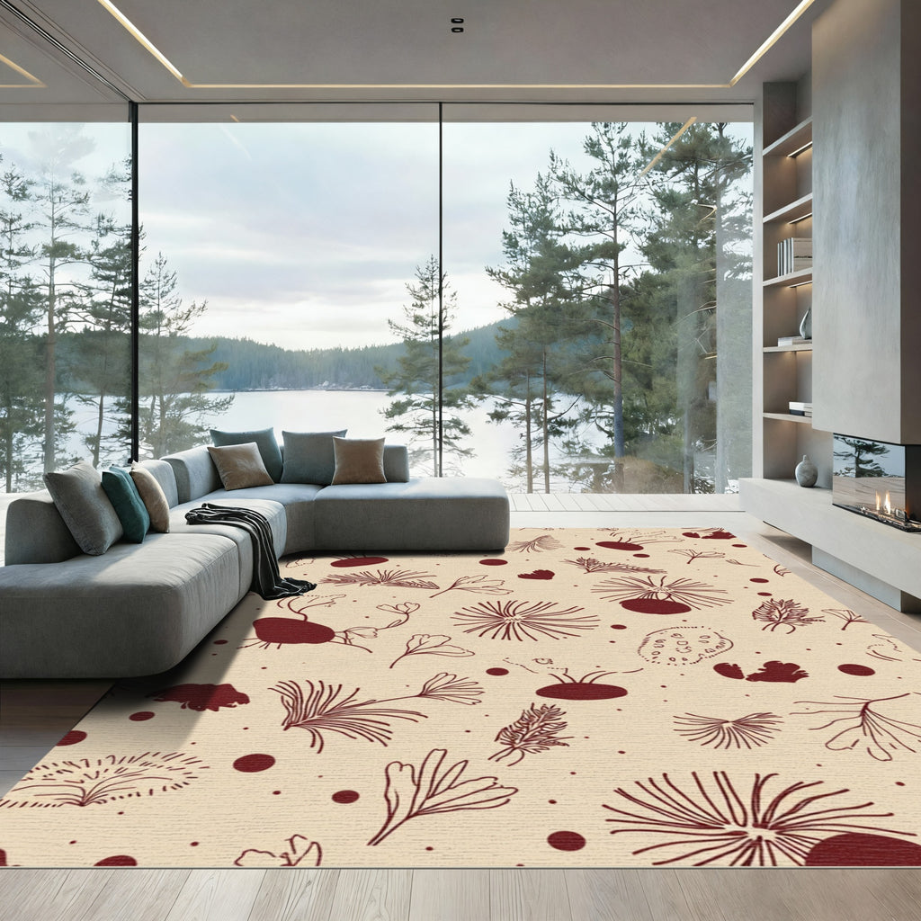 Crimson botanical linework scattered elements Rug