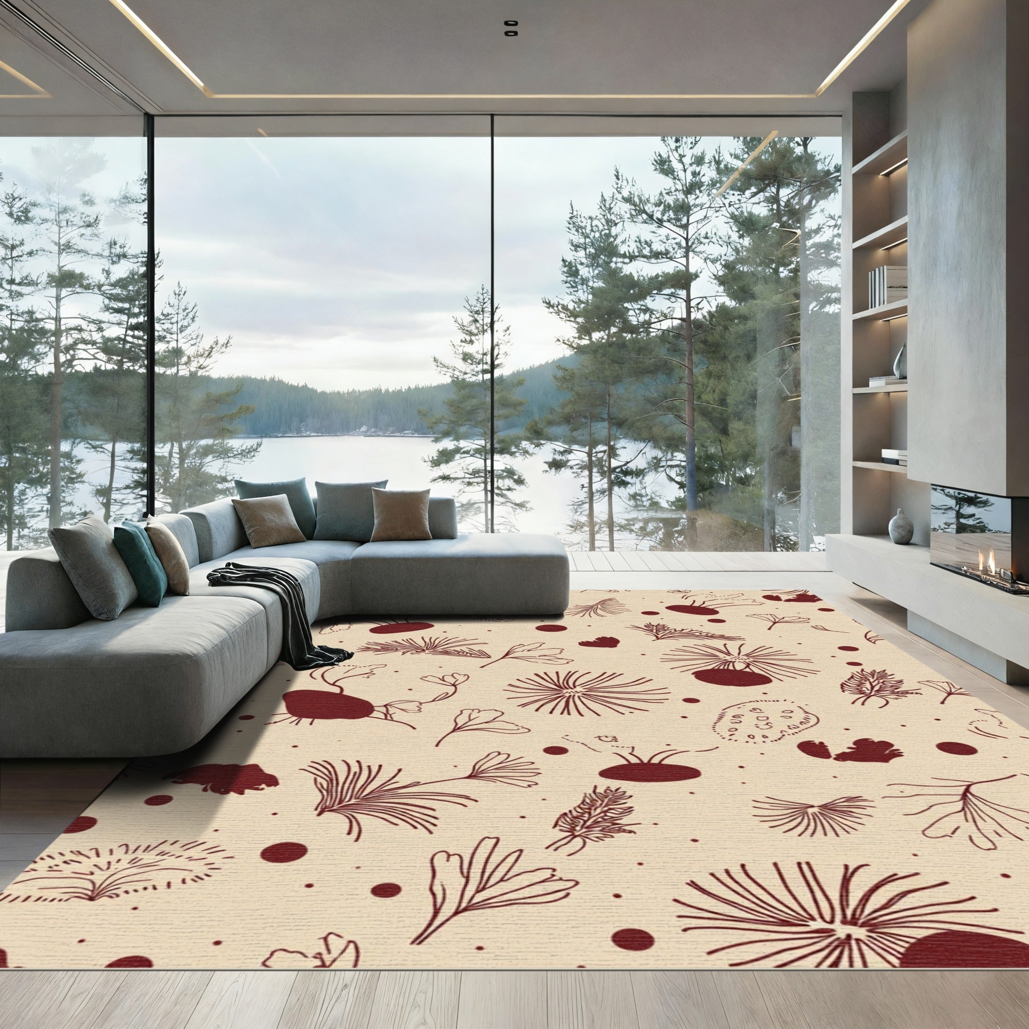 Crimson botanical linework scattered elements Rug