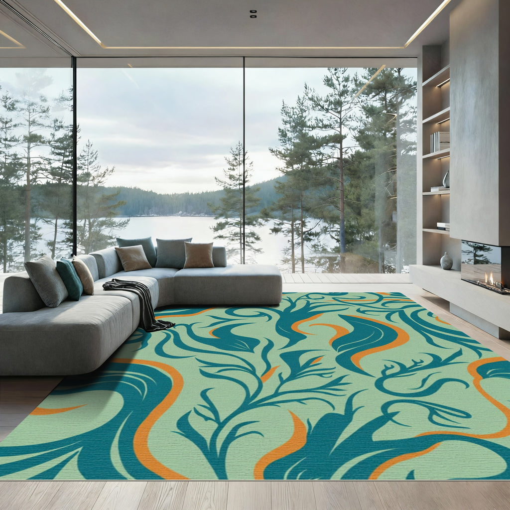 Teal Orange Floral Vine Swirls Rug